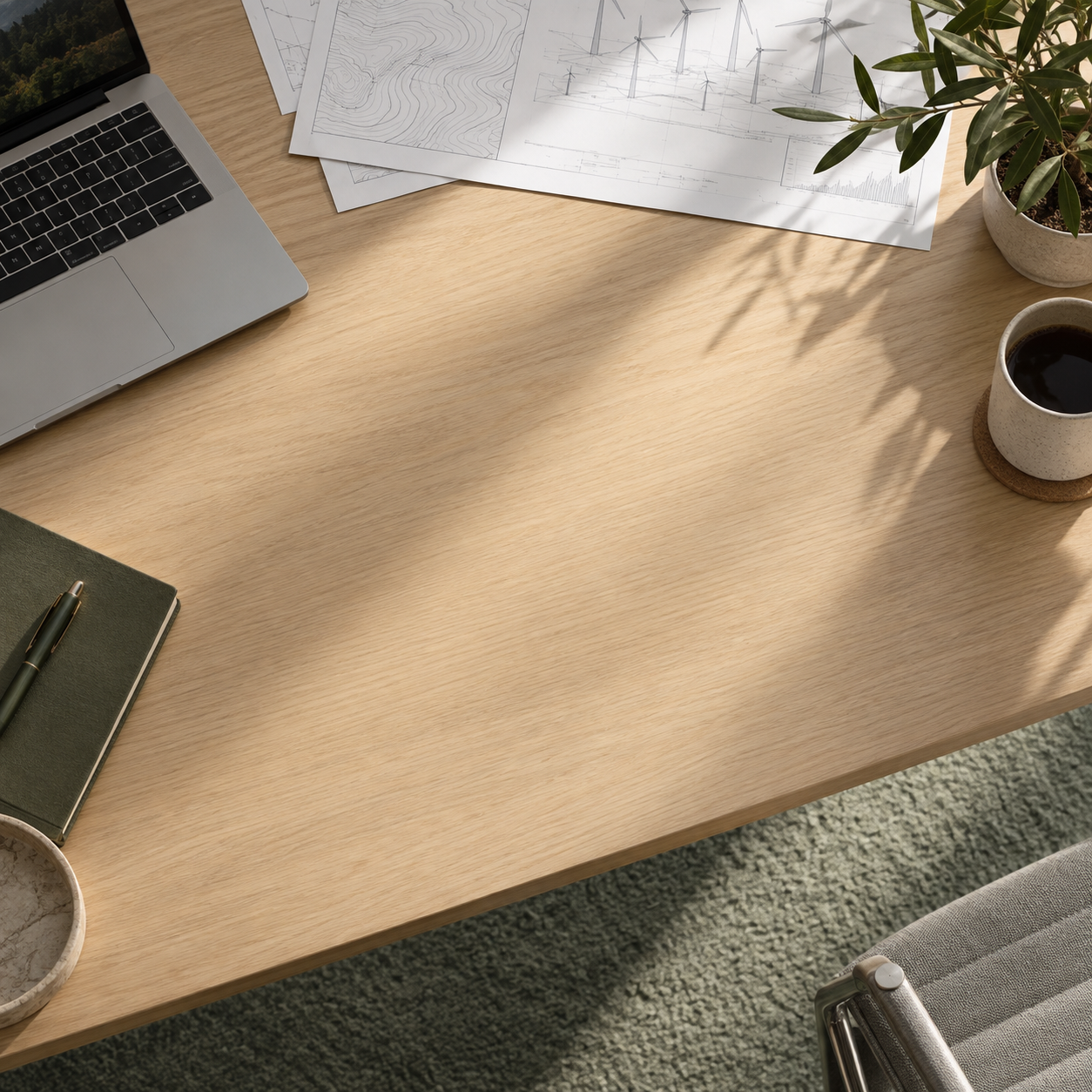 Planning documents and a laptop on a sunlit desk