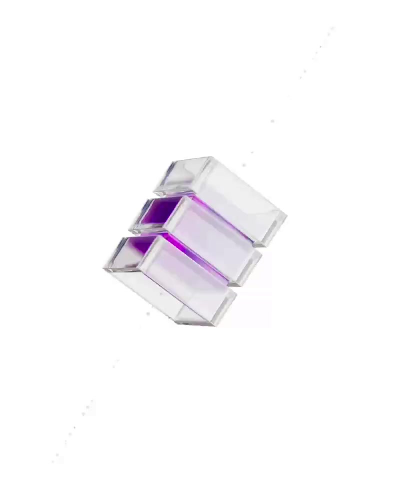 Purple glass cube moving through a stack of clear glass frames