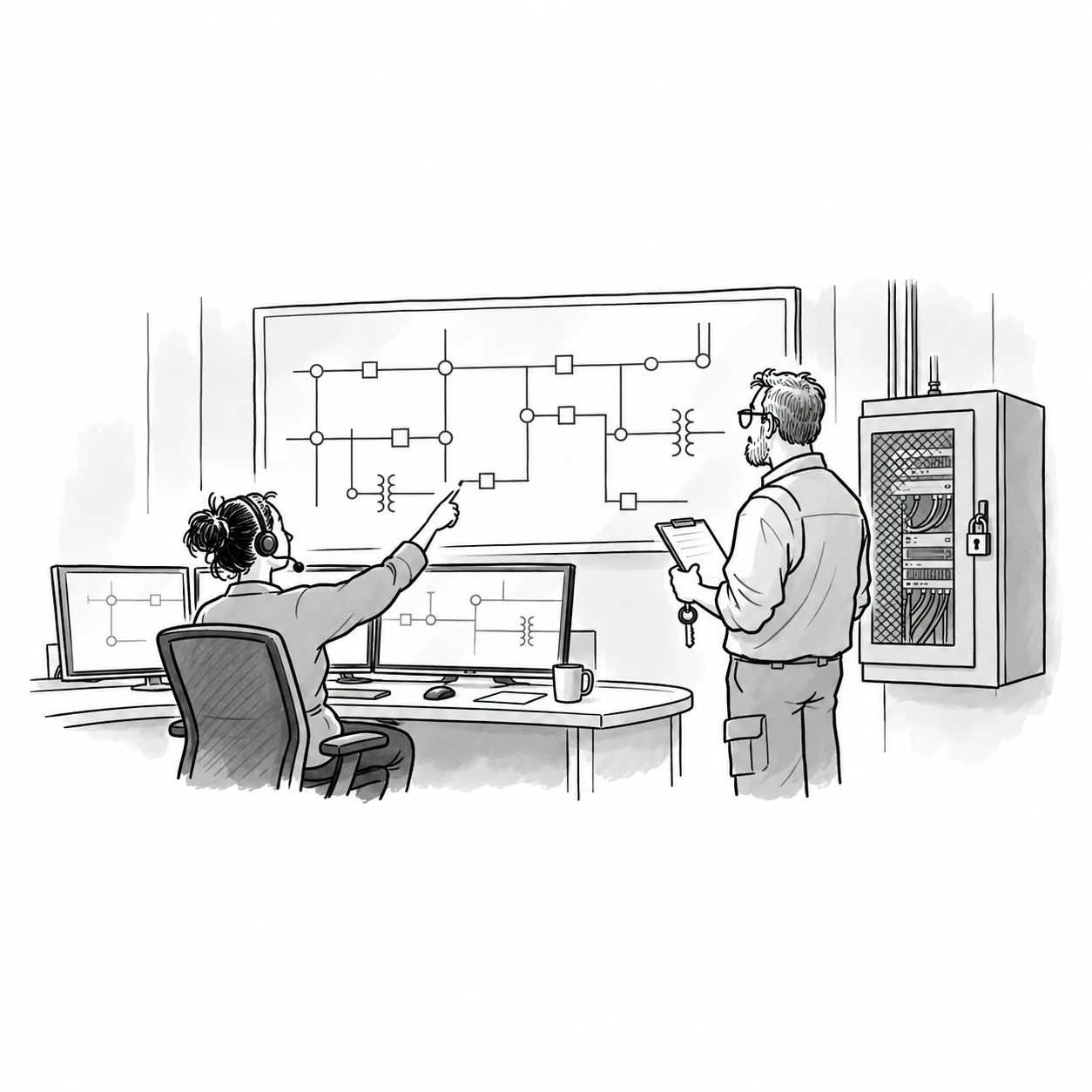 A utility operator and security engineer review a grid diagram beside a locked communications cabinet.
