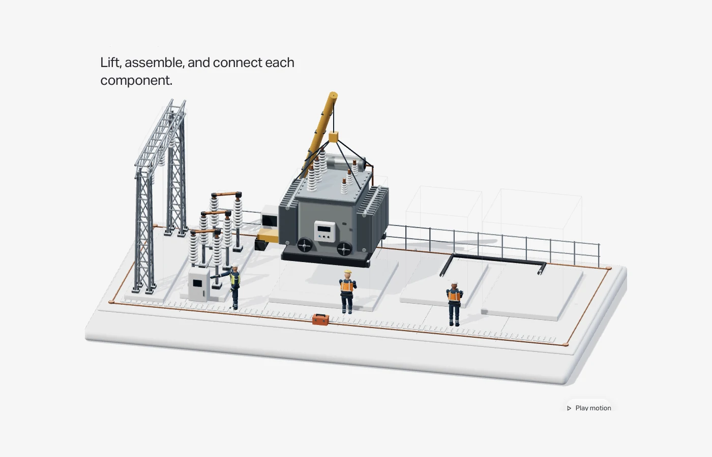 A crane lowers the transformer while engineers assemble the substation.
