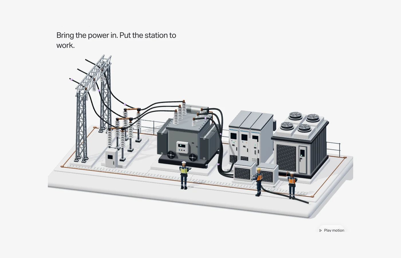Engineers connect the completed station, with energized cables and operating indicators.